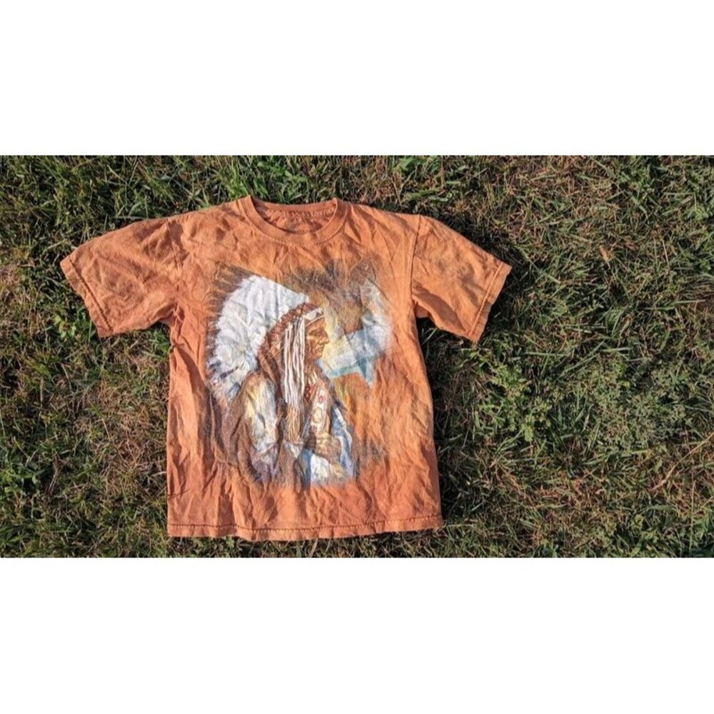 The Mountain Vintage Wash Native American Graphic Print T Rust Orange YOUTH L